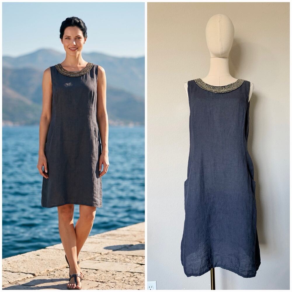 Lina Tomei Made in Italy 100% Linen Beaded Shift Dress In Navy Blue Pockets Sz M